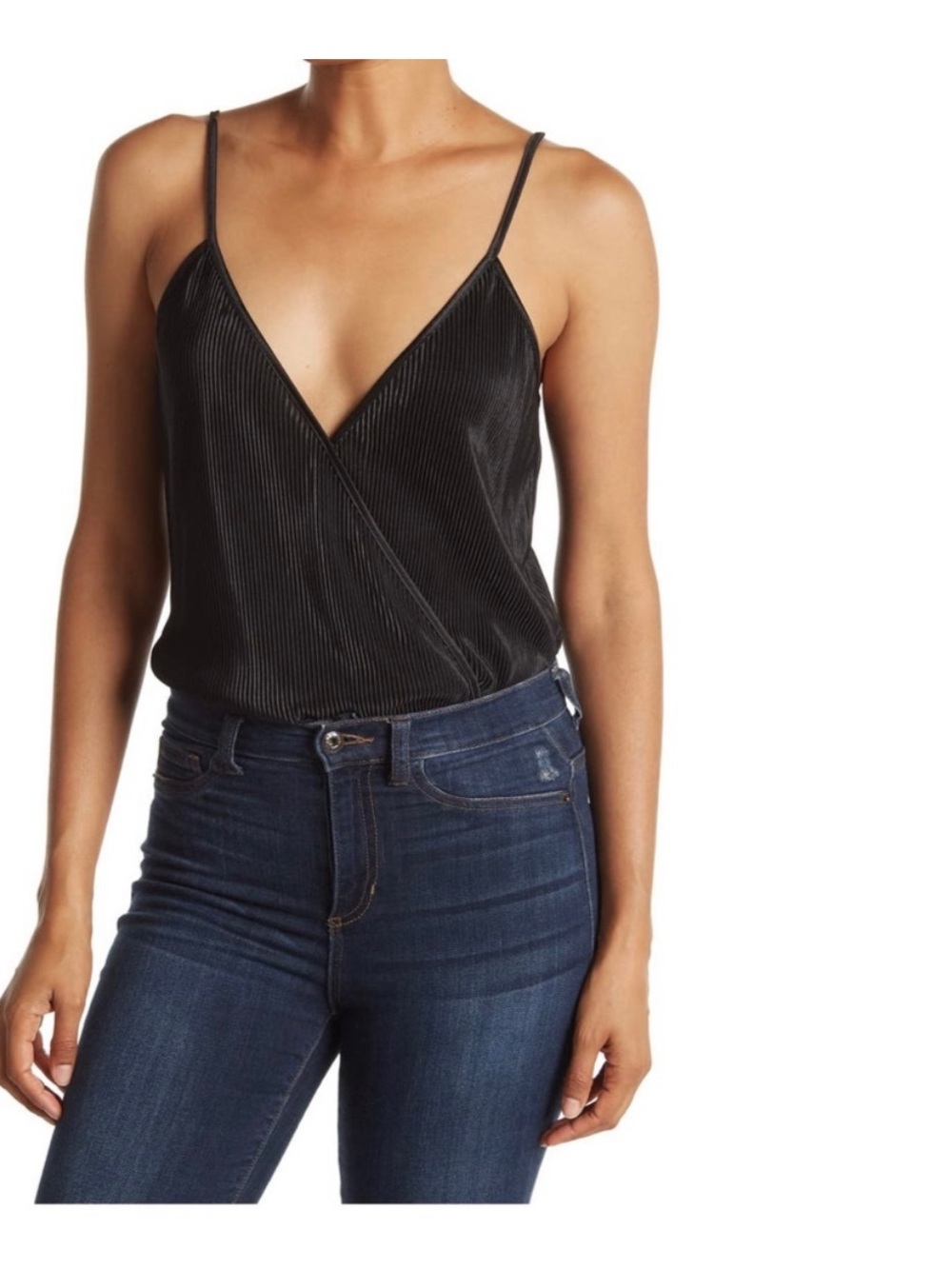 WAYF Women’s Black Surplice V-Neck Ribbed Cami Bodysuit